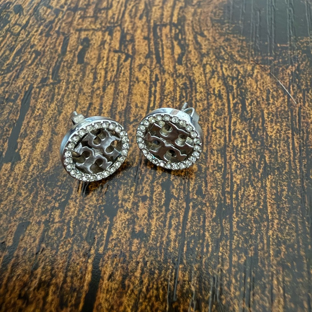 Tory Burch Silver Icon Pavé Stud Earrings